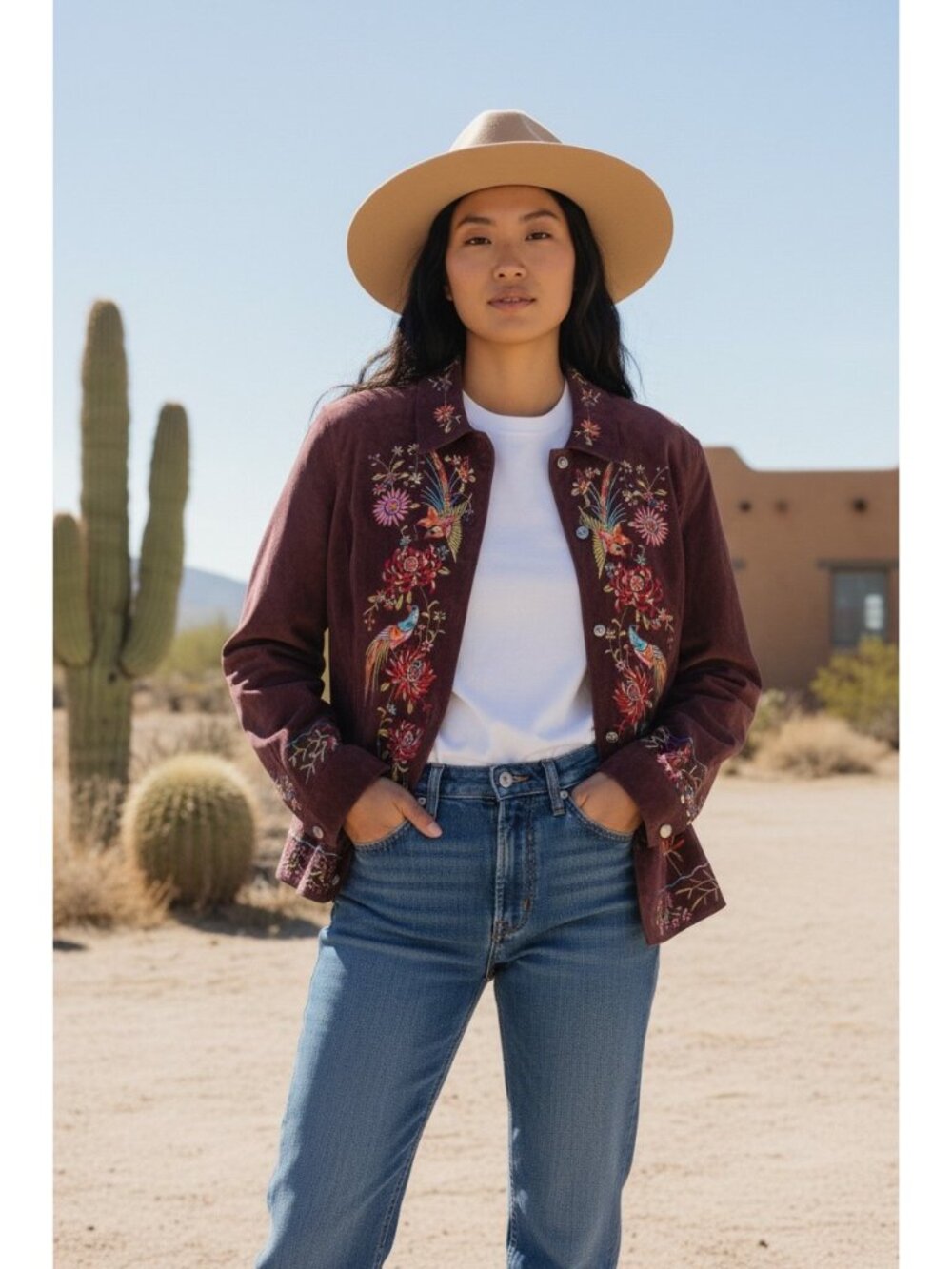 Avanti Real Suede Floral Embroidered Jacket Women XL Burgundy Bird Novelty Boho